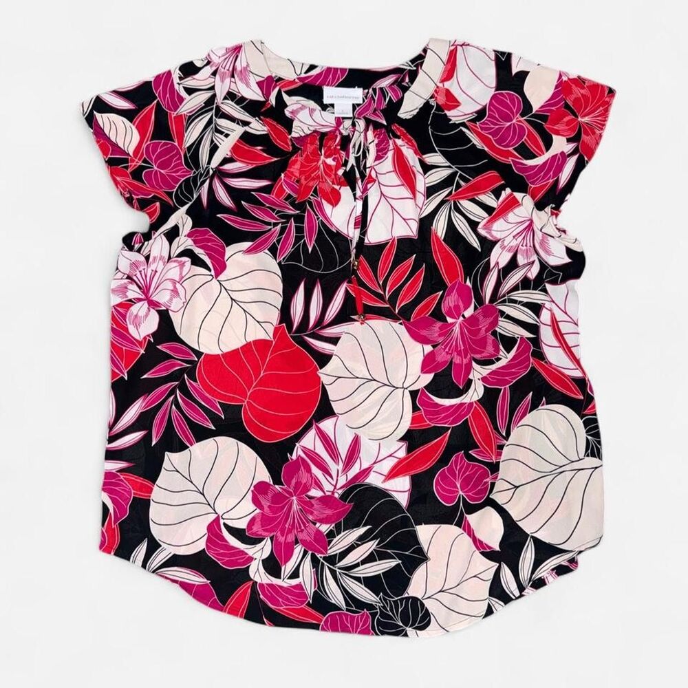 Liz Claiborne Floral Blouse with Tie Front and Butterfly Cap Sleeves, size Large